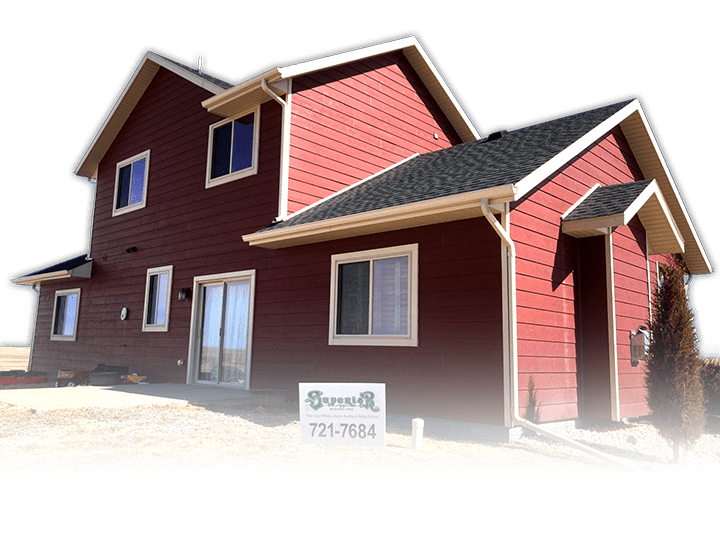 Cutout of house with new red siding with Superior Siding sign in front - with gradient at bottom