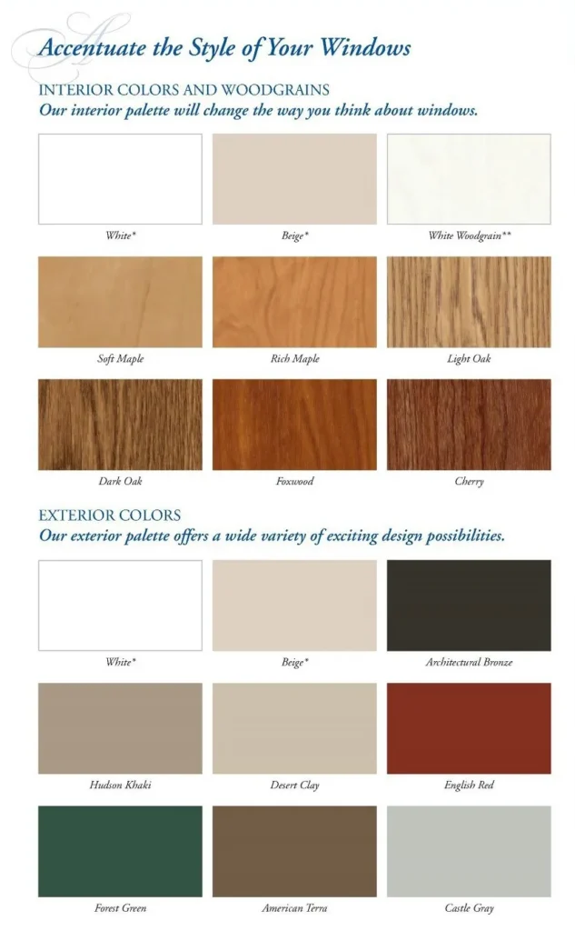 Interior and exterior window color / pattern swatches