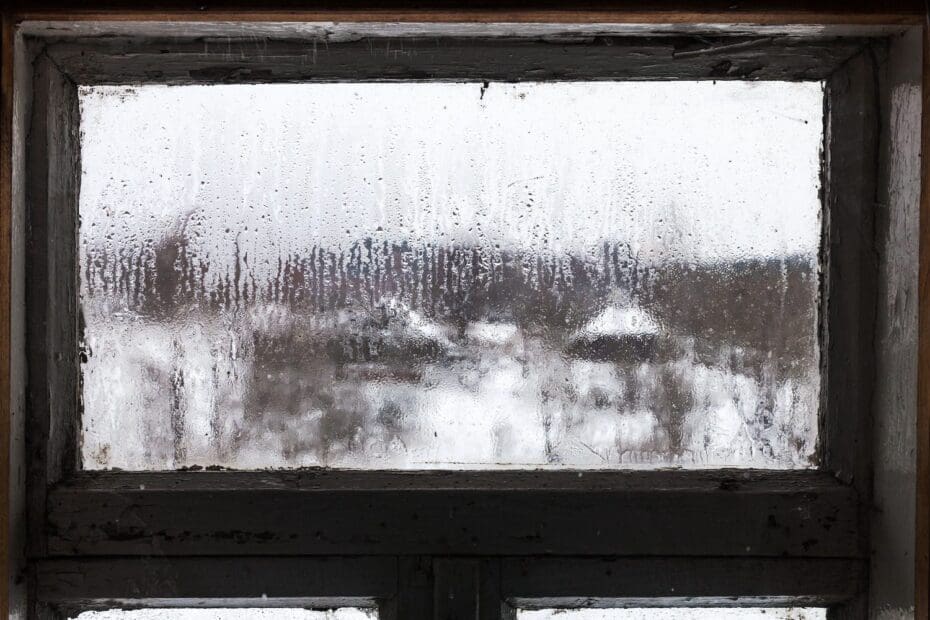 Misted window looking out to a snowy landscape