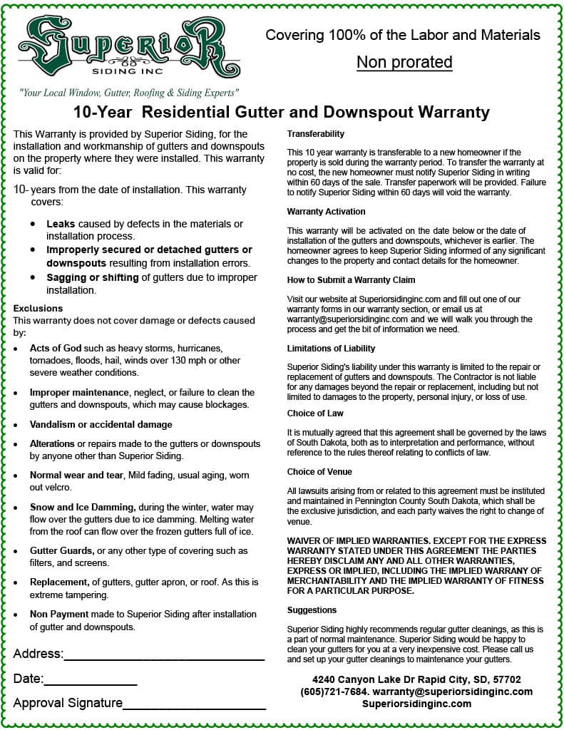 This is a jpeg of superior sidings warranty for gutters and gutter installation