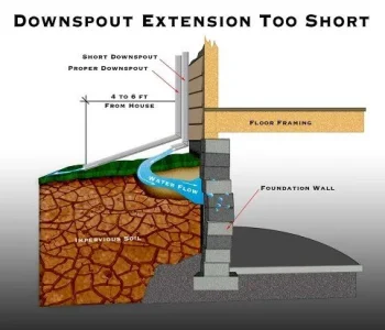 Diagram comparing long and short downspout extensions